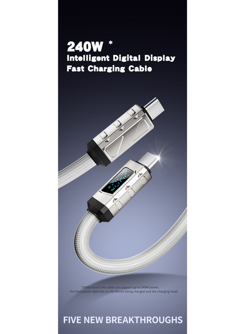 باسيمو 240W Ice Crystal Digital Display Fast Charging Cable, Braided PVC Zinc Alloy Type-C Data Cable (White) - Image 3