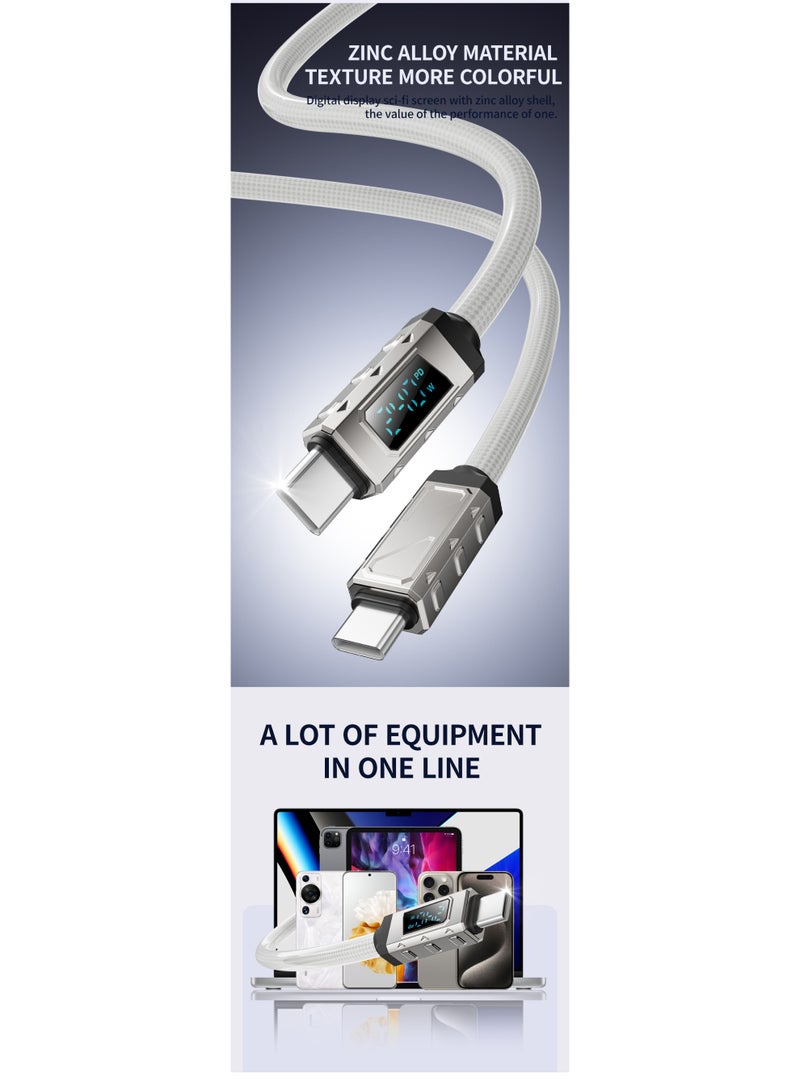 باسيمو 240W Ice Crystal Digital Display Fast Charging Cable, Braided PVC Zinc Alloy Type-C Data Cable (White) - Image 4
