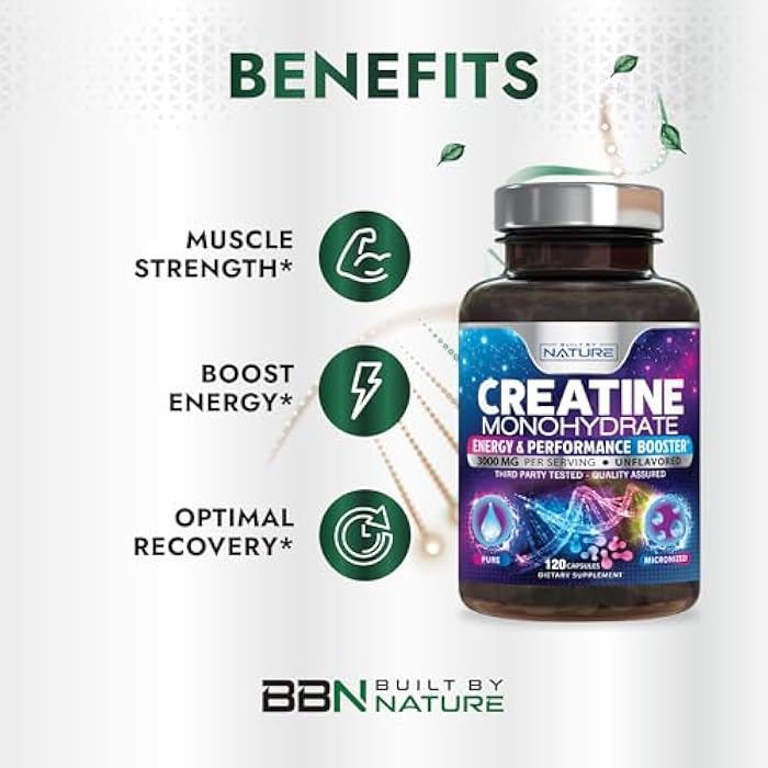 Built by Nature Creatine Monohydrate Pills - Micronized Creatine Supplement for Men & Women - Muscle Strength, Energy, Endurance, and Recovery - Gluten-Free, Vegan, Non-GMO - 120 Capsules - Image 4