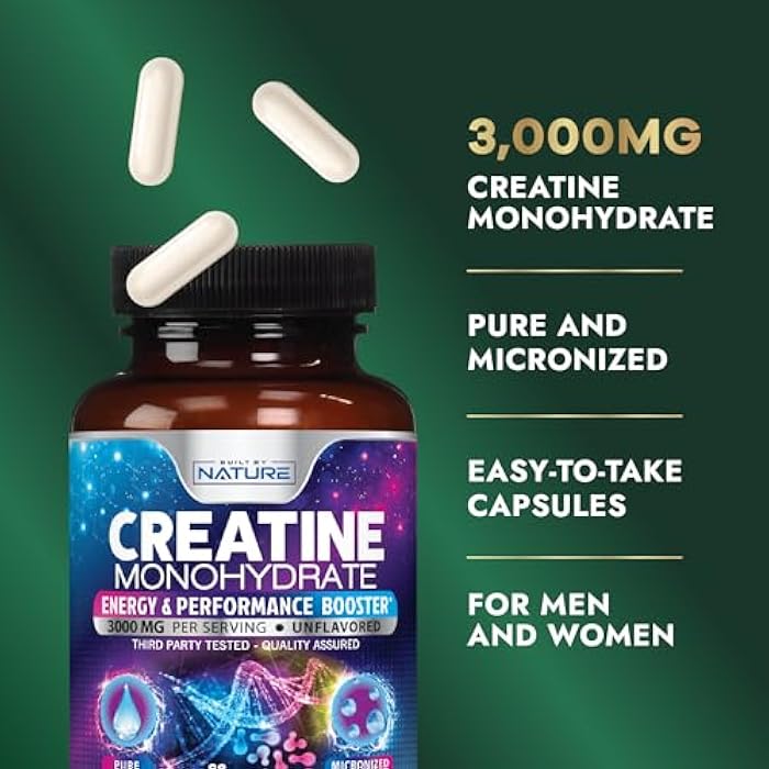 Built by Nature Creatine Monohydrate Pills - Micronized Creatine Supplement for Men & Women - Muscle Strength, Energy, Endurance, and Recovery - Gluten-Free, Vegan, Non-GMO - 120 Capsules - Image 3