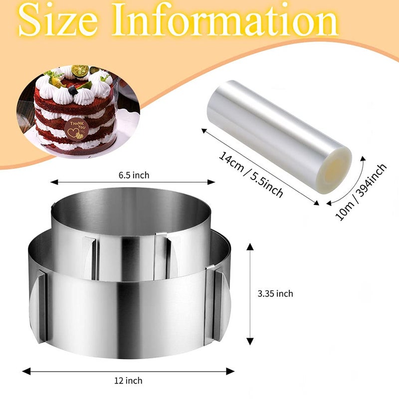 DATANYA Cake Rings Mousse Mold Acetate Cake Collar Set - Adjustable 6 to12 Inches Stainless Steel Baking Rings Round Cake Molds with 5.5 x 394 Inch Clear Cake Acetate Sheet Rolls for Baking Pastry, Cake Decor - Image 2