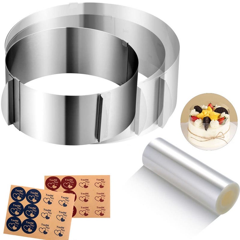 DATANYA Cake Rings Mousse Mold Acetate Cake Collar Set - Adjustable 6 to12 Inches Stainless Steel Baking Rings Round Cake Molds with 5.5 x 394 Inch Clear Cake Acetate Sheet Rolls for Baking Pastry, Cake Decor - Image 1