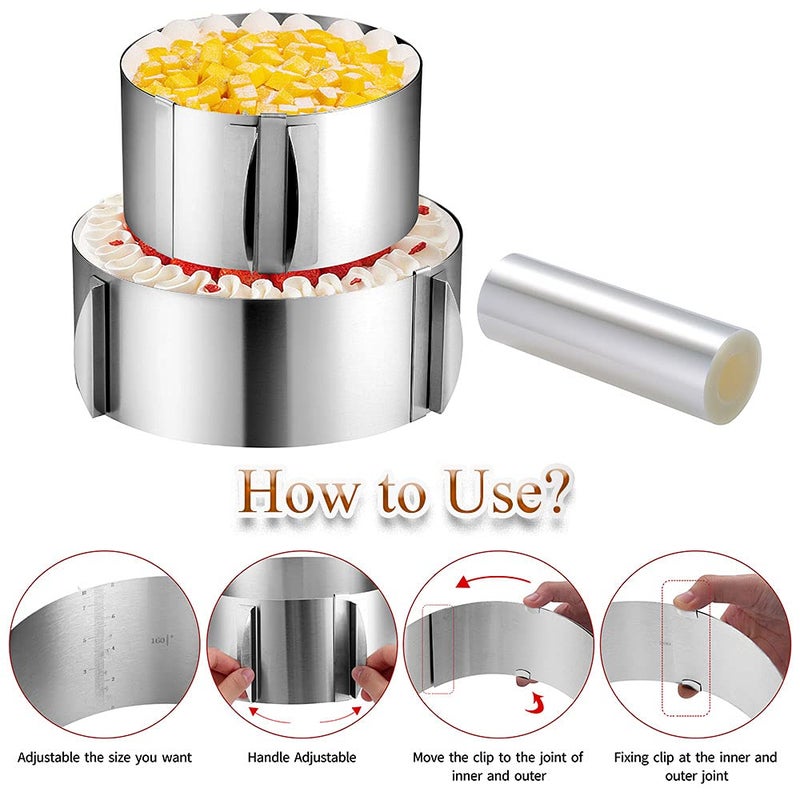 DATANYA Cake Rings Mousse Mold Acetate Cake Collar Set - Adjustable 6 to12 Inches Stainless Steel Baking Rings Round Cake Molds with 5.5 x 394 Inch Clear Cake Acetate Sheet Rolls for Baking Pastry, Cake Decor - Image 3