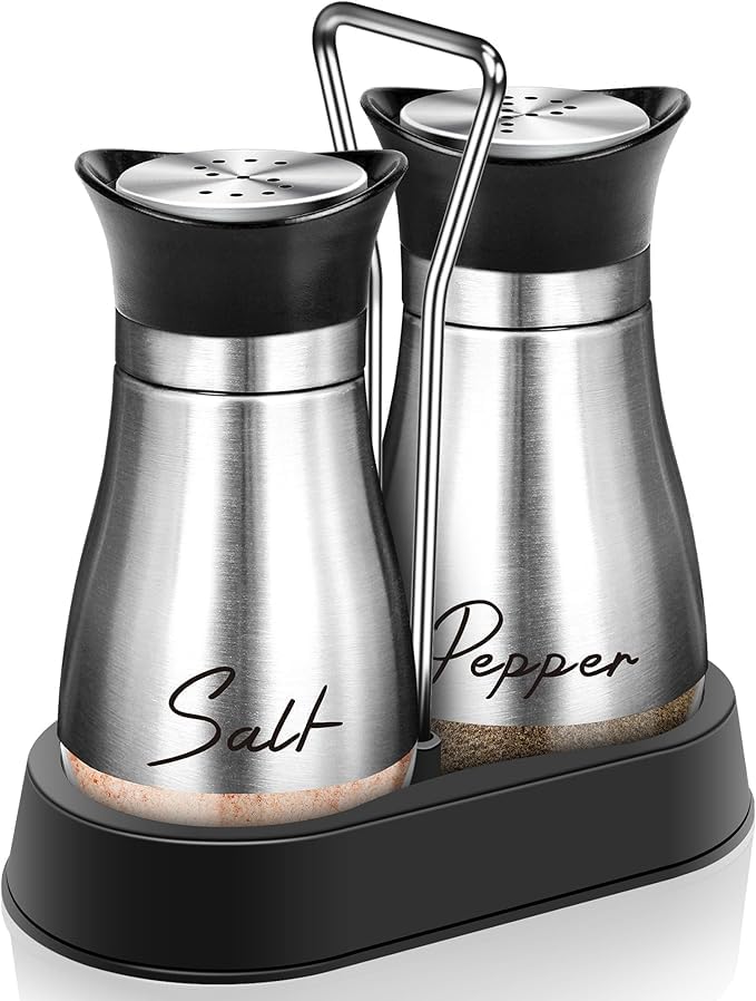 EZYHOME Salt and Pepper Shakers Set Stainless Steel Salt Shaker and Pepper Shaker Set with Holder Refillable Screw-Off Perforated S and P Caps for Kitchen Table Decor(Color:Silver) - Image 1