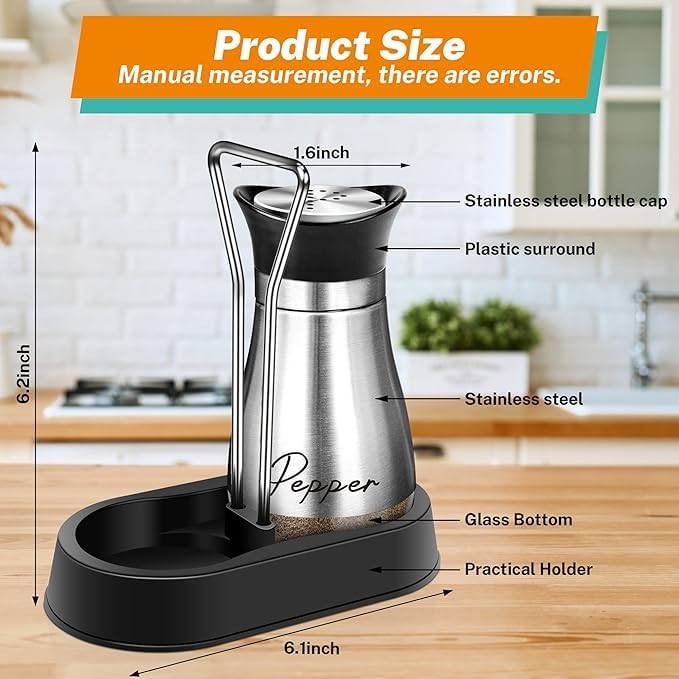 EZYHOME Salt and Pepper Shakers Set Stainless Steel Salt Shaker and Pepper Shaker Set with Holder Refillable Screw-Off Perforated S and P Caps for Kitchen Table Decor(Color:Silver) - Image 2