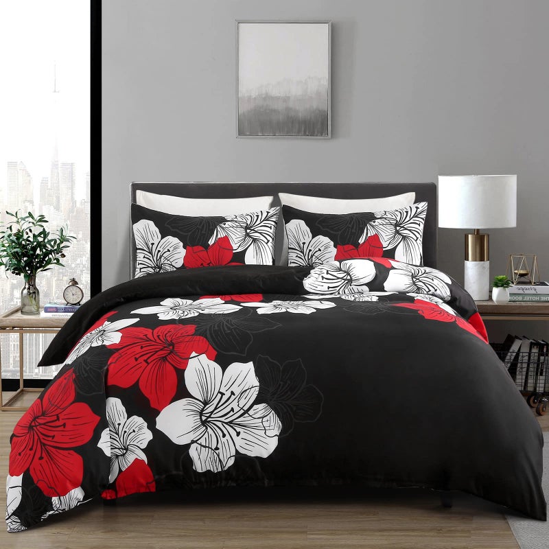 Menghomeus Black Comforter Set Queen Red and White Floral Comforter with 2 Pillowcases Modern Bedding Sets Lightweight Bed Set for All Season