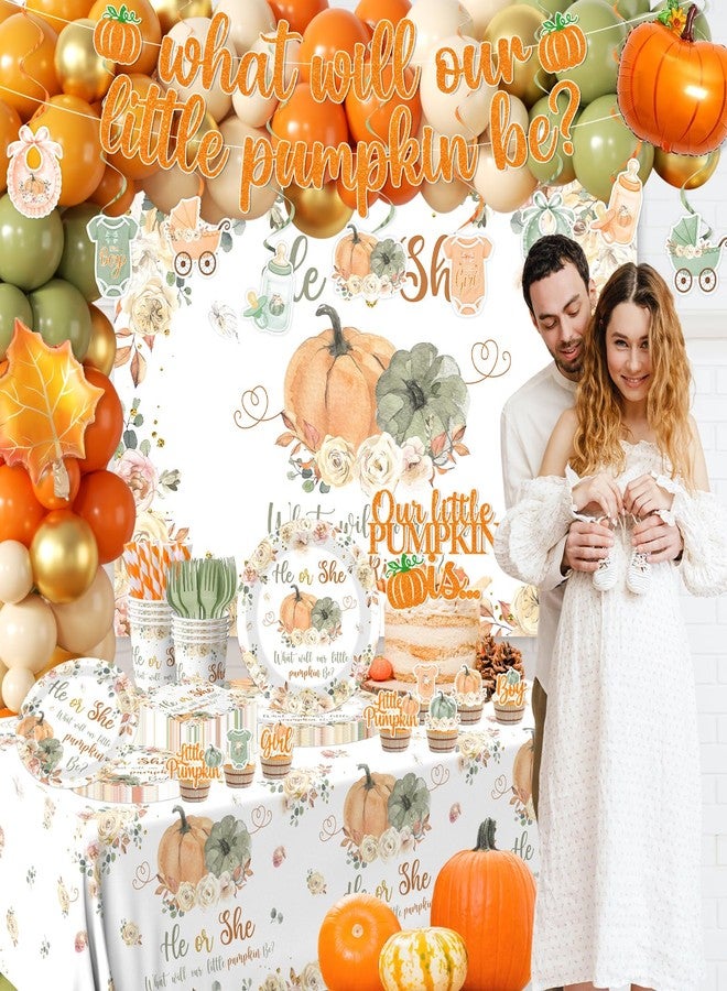 Peghoqu Fall Pumpkin Gender Reveal Decoration,He or She Pumpkin Floral Gender Reveal Theme Party Supplies,Autumn What Will Our Little Pumpkin Be Disposable Plates Napkin Balloons Tablecloth,Serve 24 - Image 2