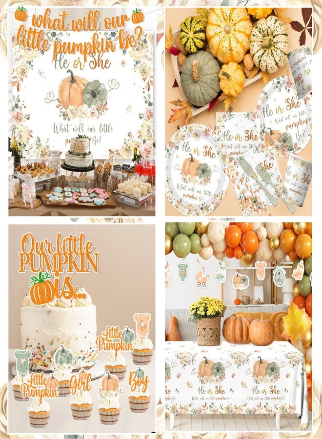 Peghoqu Fall Pumpkin Gender Reveal Decoration,He or She Pumpkin Floral Gender Reveal Theme Party Supplies,Autumn What Will Our Little Pumpkin Be Disposable Plates Napkin Balloons Tablecloth,Serve 24 - Image 3