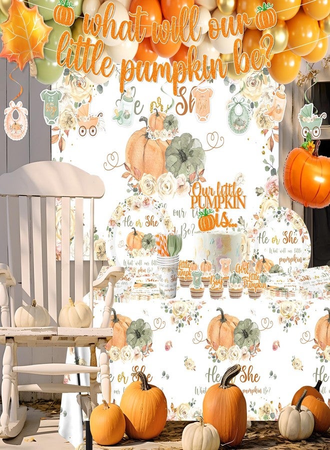 Peghoqu Fall Pumpkin Gender Reveal Decoration,He or She Pumpkin Floral Gender Reveal Theme Party Supplies,Autumn What Will Our Little Pumpkin Be Disposable Plates Napkin Balloons Tablecloth,Serve 24 - Image 5