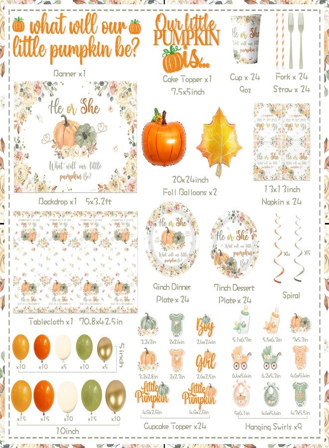 Peghoqu Fall Pumpkin Gender Reveal Decoration,He or She Pumpkin Floral Gender Reveal Theme Party Supplies,Autumn What Will Our Little Pumpkin Be Disposable Plates Napkin Balloons Tablecloth,Serve 24 - Image 4
