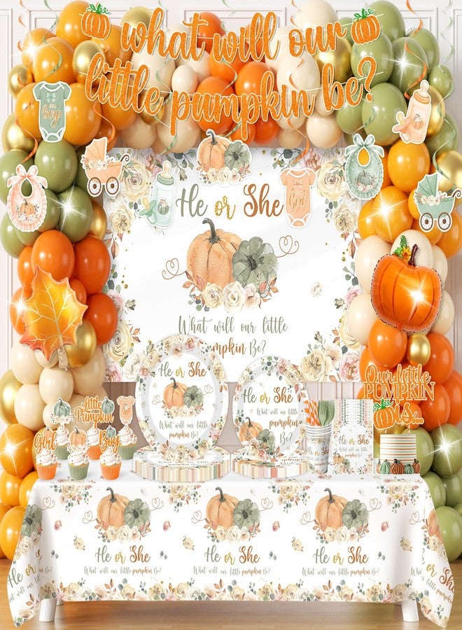 Peghoqu Fall Pumpkin Gender Reveal Decoration,He or She Pumpkin Floral Gender Reveal Theme Party Supplies,Autumn What Will Our Little Pumpkin Be Disposable Plates Napkin Balloons Tablecloth,Serve 24 - Image 1