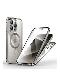 Double-Sided Magnetic for iPhone 15 Pro Max Case, Full-Coverage Protective Case for iPhone 15 Pro Max with Metal Glass Screen Protector Buckle and Camera Lens Protector - Natural Titanium