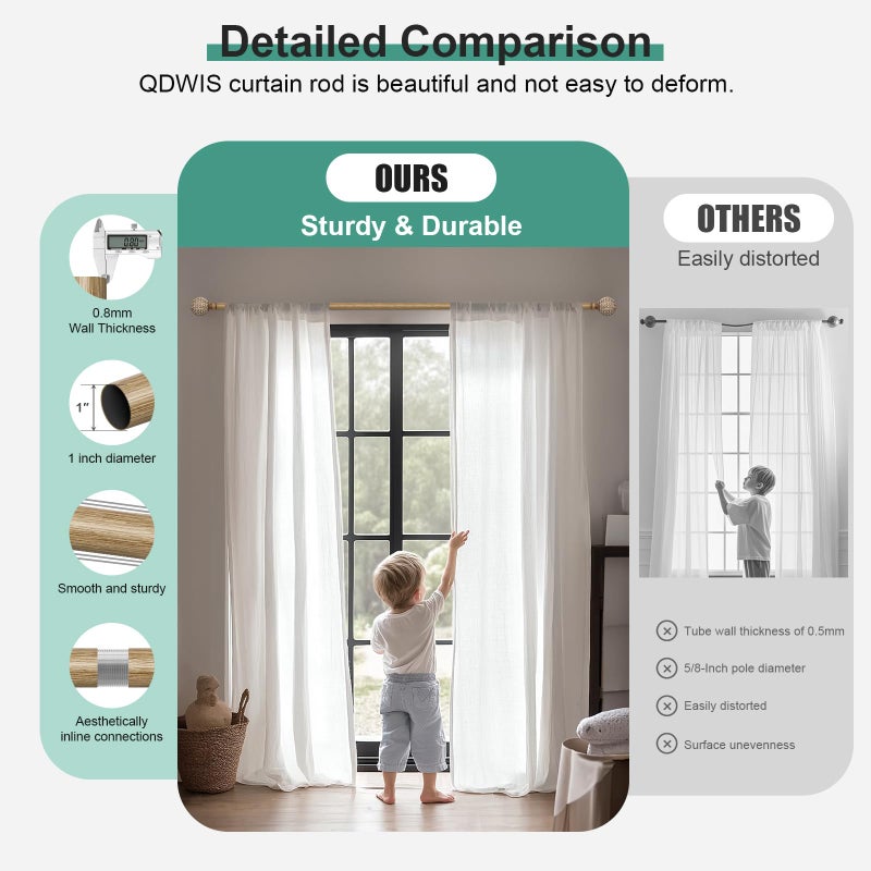 QDWIS Wood Curtain Rods for Windows 48 to 84 Inch,1'' Diameter Drapery Rods with Imitation Wood Grain Leaf Pattern Finials,Boho Adjustable Heavy Duty Curtain Rods Set,36-88'',Color:Weathered Wood - Image 3