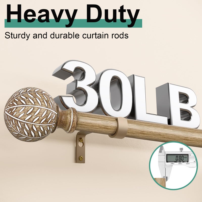 QDWIS Wood Curtain Rods for Windows 48 to 84 Inch,1'' Diameter Drapery Rods with Imitation Wood Grain Leaf Pattern Finials,Boho Adjustable Heavy Duty Curtain Rods Set,36-88'',Color:Weathered Wood - Image 4