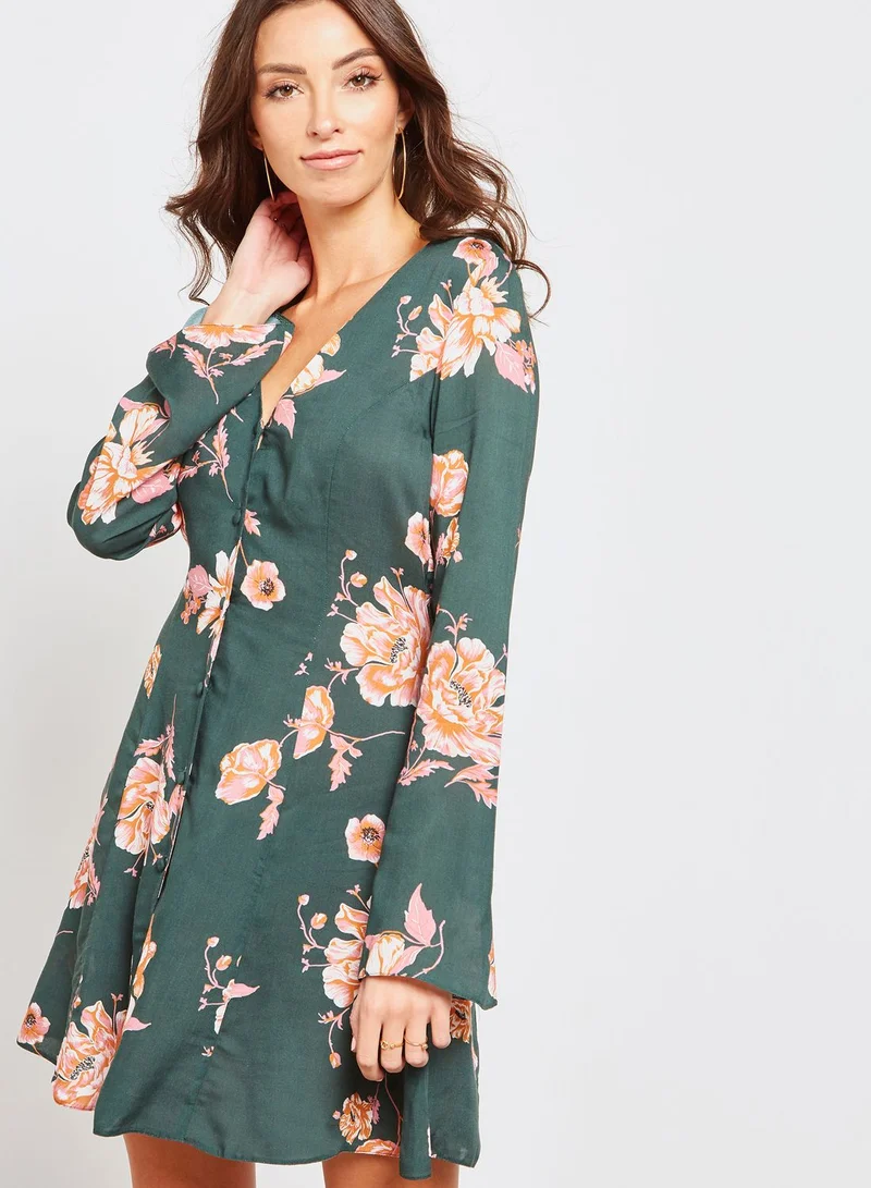 Miss Selfridge Floral Button Through Flute Sleeve Dress