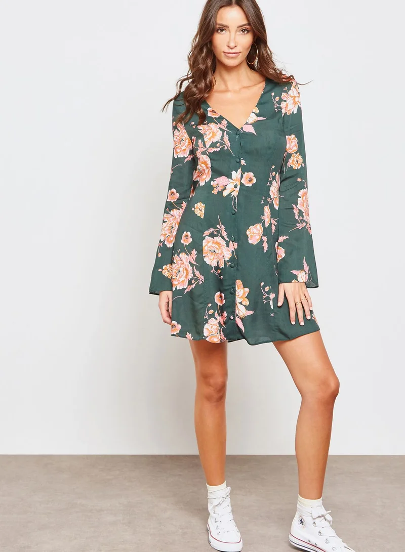 Miss Selfridge Floral Button Through Flute Sleeve Dress