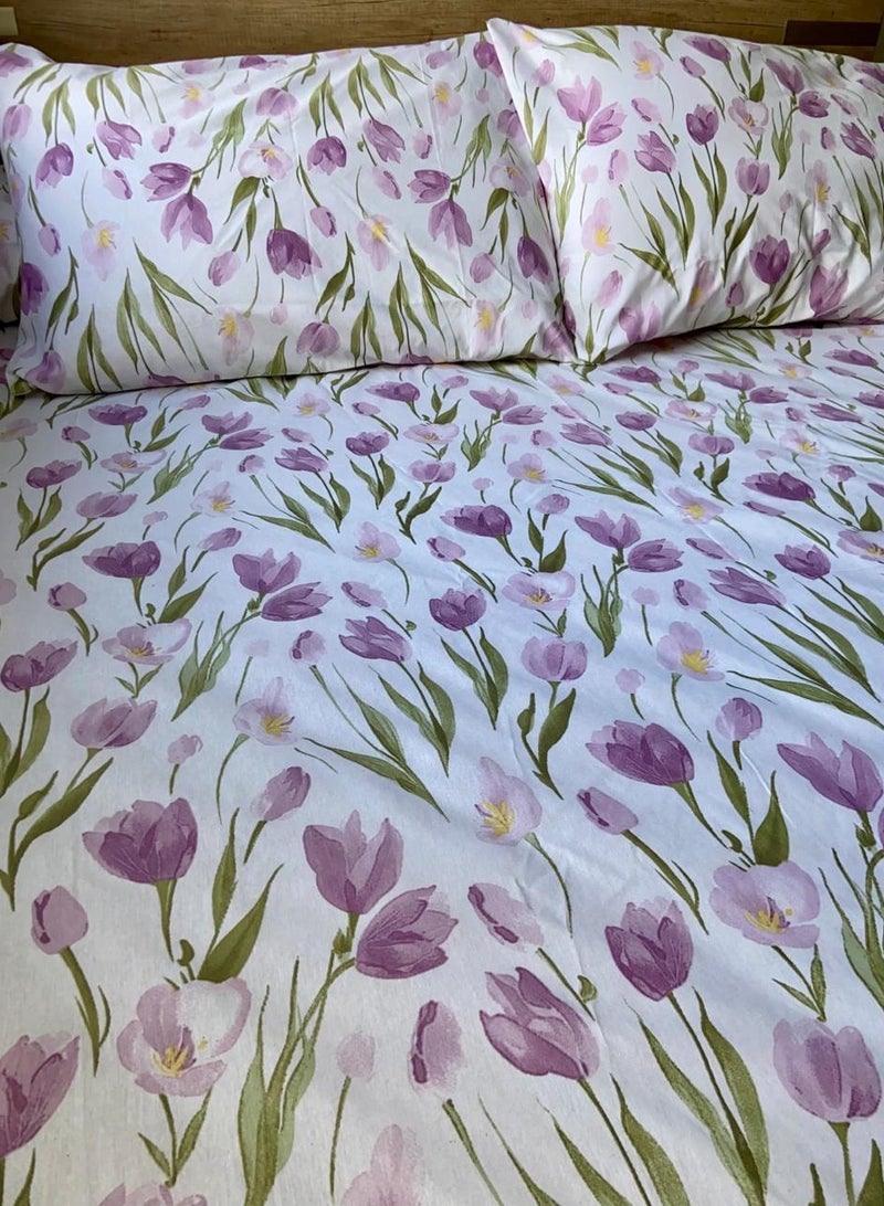 Yarlin-Bed Set (Fitted Bedsheet for 160 cm beds and 2 Small Pillowcases (Purple Lotus) Design
