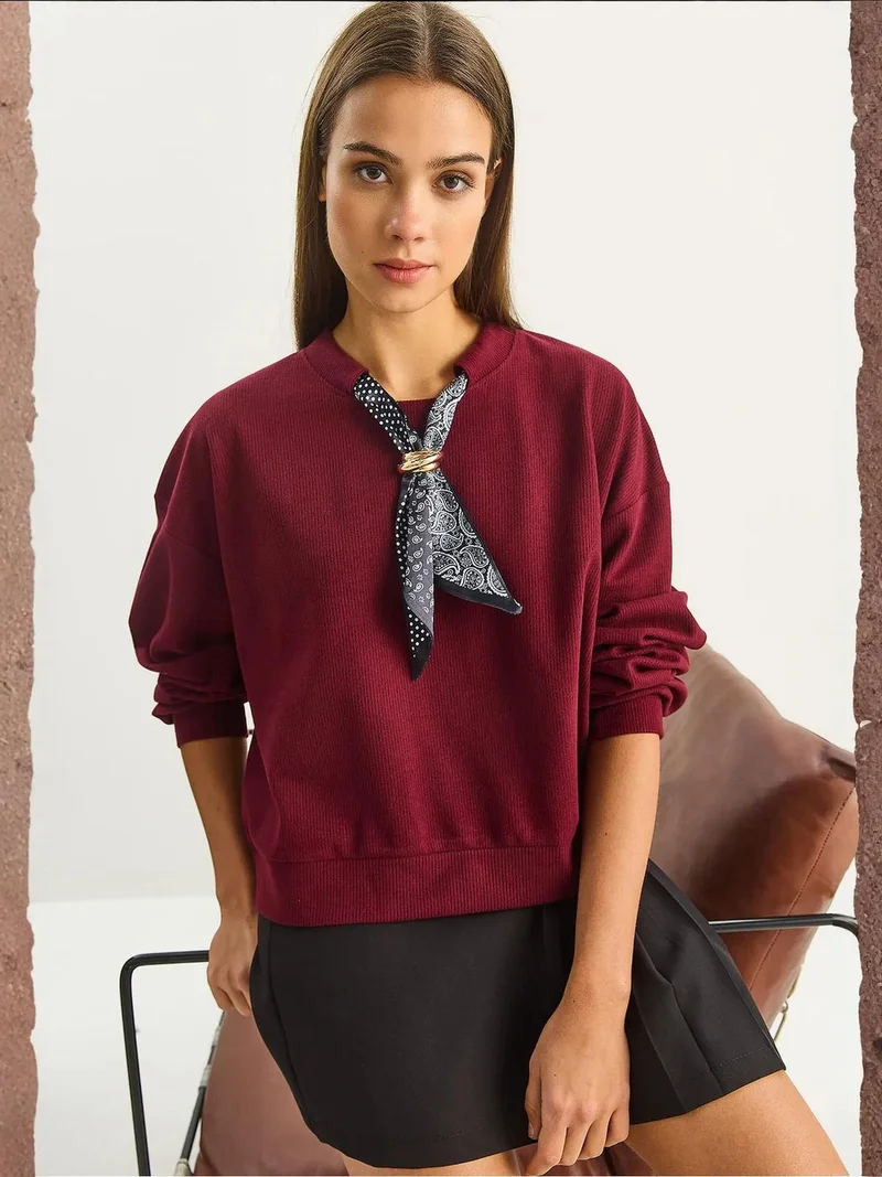 Crew Neck Ribbed Sweatshirt with Scarf Accessory Detail