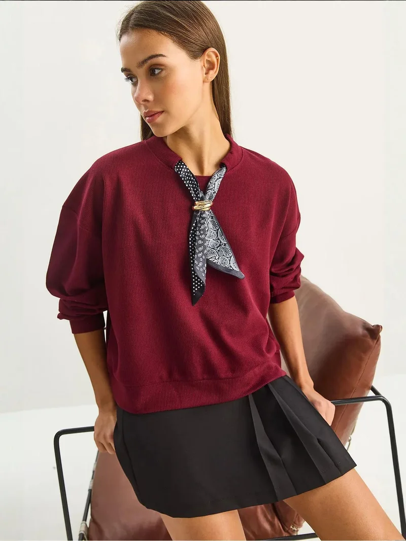 Bianco Lucci Burgundy Red Crew Neck Ribbed Sweatshirt with Scarf Accessory Detail for Women | Best Price UAE