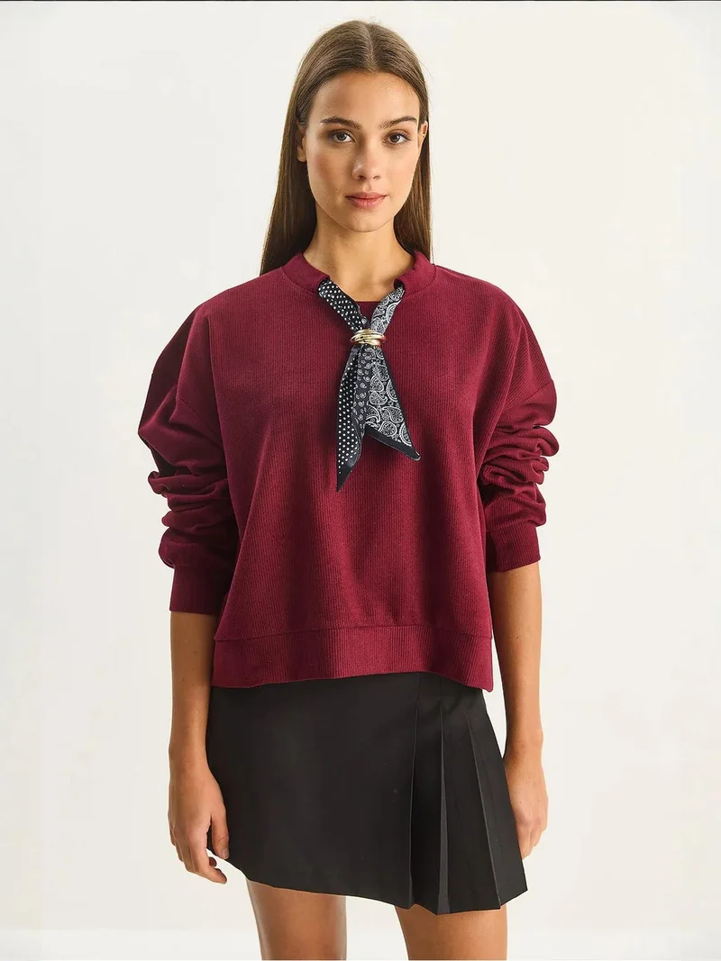 Bianco Lucci Burgundy Red Crew Neck Ribbed Sweatshirt with Scarf Accessory Detail for Women | Best Price UAE