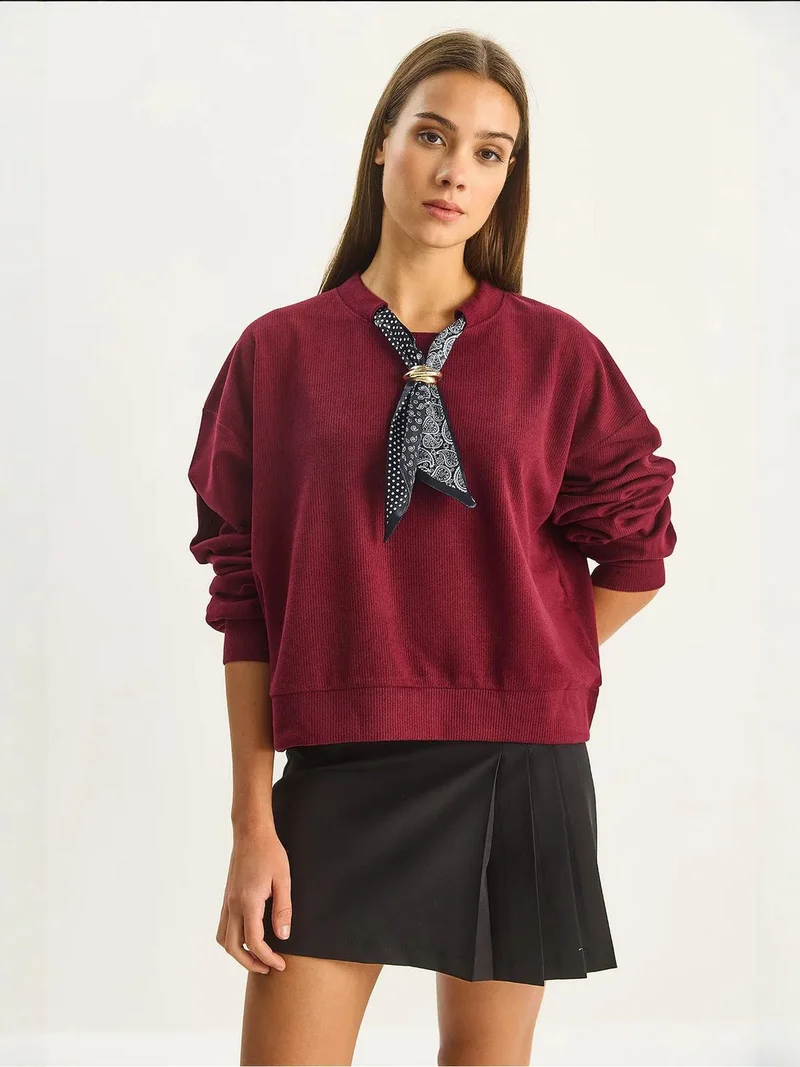 Bianco Lucci Burgundy Red Crew Neck Ribbed Sweatshirt with Scarf Accessory Detail for Women | Best Price UAE
