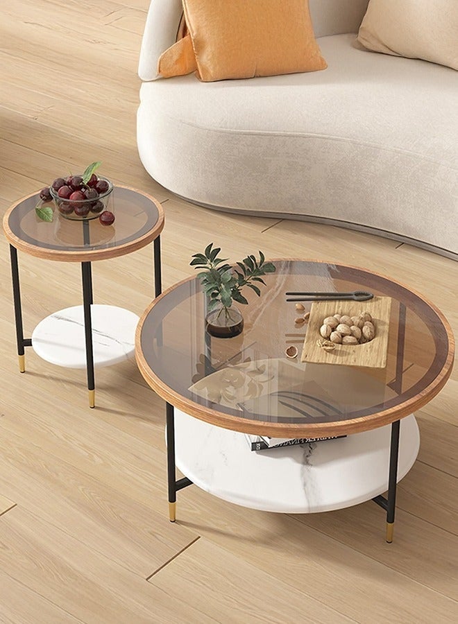 WALALLA Set of 2 Nordic Modern Round Coffee Table with Tempered Glass Top 70cm Double-Layer Storage Design Minimalist Luxury Side Table for Living Room Bedroom Office Balcony - Image 1