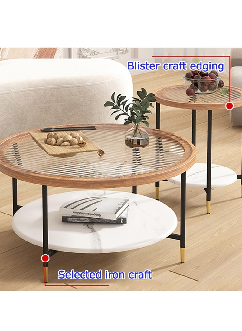 WALALLA Set of 2 Nordic Modern Round Coffee Table with Tempered Glass Top 70cm Double-Layer Storage Design Minimalist Luxury Side Table for Living Room Bedroom Office Balcony - Image 3