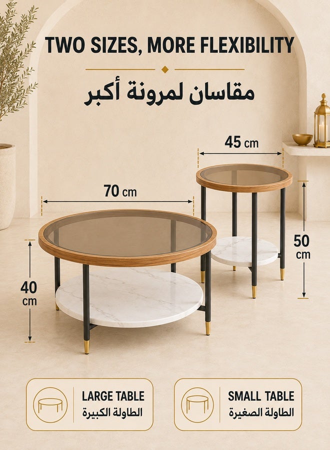 WALALLA Set of 2 Nordic Modern Round Coffee Table with Tempered Glass Top 70cm Double-Layer Storage Design Minimalist Luxury Side Table for Living Room Bedroom Office Balcony - Image 5