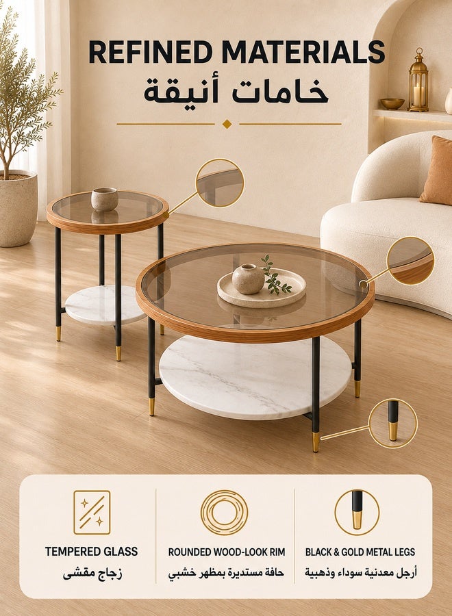 WALALLA Set of 2 Nordic Modern Round Coffee Table with Tempered Glass Top 70cm Double-Layer Storage Design Minimalist Luxury Side Table for Living Room Bedroom Office Balcony - Image 3