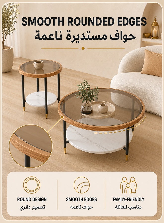 WALALLA Set of 2 Nordic Modern Round Coffee Table with Tempered Glass Top 70cm Double-Layer Storage Design Minimalist Luxury Side Table for Living Room Bedroom Office Balcony - Image 4