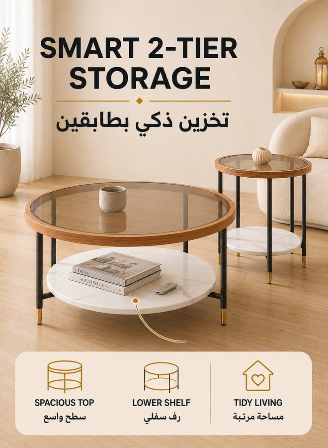 WALALLA Set of 2 Nordic Modern Round Coffee Table with Tempered Glass Top 70cm Double-Layer Storage Design Minimalist Luxury Side Table for Living Room Bedroom Office Balcony - Image 2