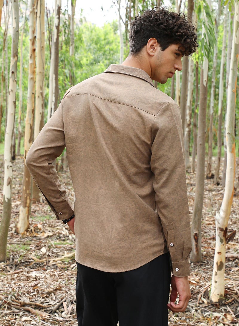 Campus Sutra Campus Sutra Men's Sand Beige Grazed-Fade Imprint Shirt | Spread Collar , Long Sleeve Cuffed Sleeves , Button Closure | Solid  | Cotton-Blend Shirt For Casual Wear - Image 5