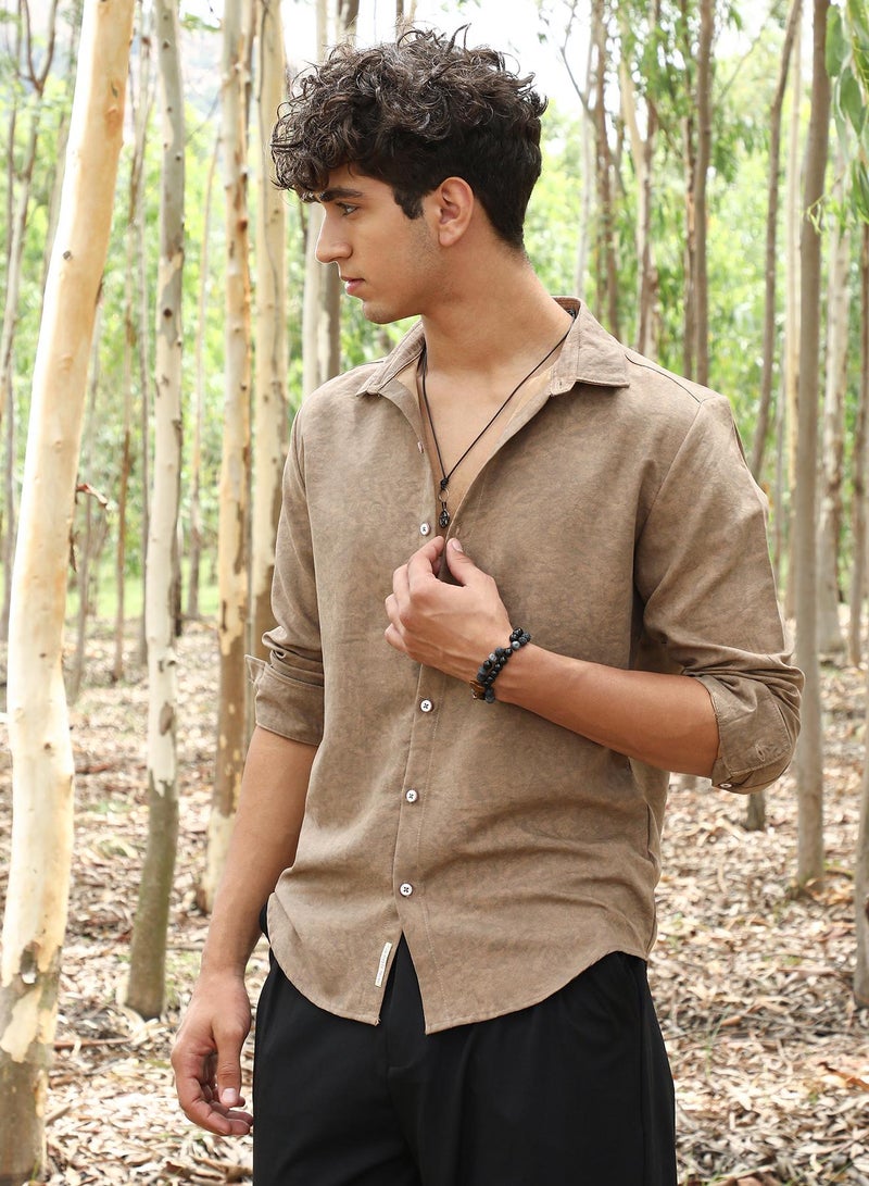 Campus Sutra Campus Sutra Men's Sand Beige Grazed-Fade Imprint Shirt | Spread Collar , Long Sleeve Cuffed Sleeves , Button Closure | Solid  | Cotton-Blend Shirt For Casual Wear - Image 3
