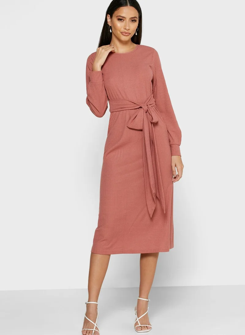 ELLA Ribbed Tie Waist Midi Dress