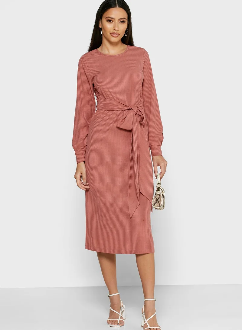 ELLA Ribbed Tie Waist Midi Dress