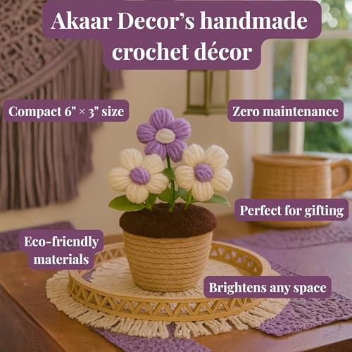 Akaar Decor's Handcrafted Crochet Flower Pot | Artificial Flowers for Home | Birthday | Anniversary | Housewarming Gifts | 100% Handmade Yarn Flower Décor (Crochet_Pot_Purple) - Image 4