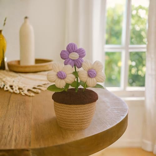Akaar Decor's Handcrafted Crochet Flower Pot | Artificial Flowers for Home | Birthday | Anniversary | Housewarming Gifts | 100% Handmade Yarn Flower Décor (Crochet_Pot_Purple) - Image 1