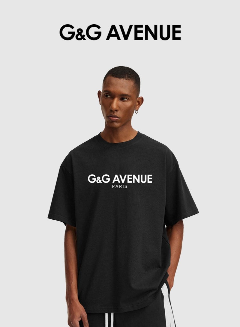 G&G AVENUE Men's cotton washed black T-shirt Oversized fitting men's and women's universal short sleeved fashionable hip-hop 1/2 sleeve round neck T-shirt Heavy cotton fabric Men's  - Image 1