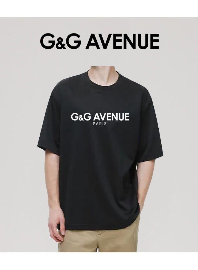 G&G AVENUE Men's cotton washed black T-shirt Oversized fitting men's and women's universal short sleeved fashionable hip-hop 1/2 sleeve round neck T-shirt Heavy cotton fabric Men's  - Image 4
