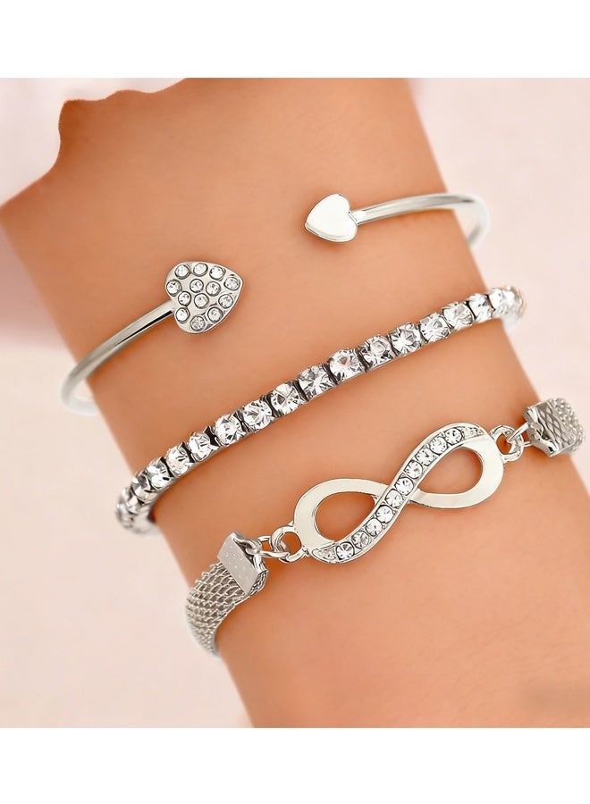 3 Pcs Boho Crystal Bangle Bracelets Set Statement Infinity Friendship Bangles Punk Layered Stacking Heart Rhinestone Bracelets Ethnic Wedding Outfit Bracelets Jewelry for Women and Girls - Image 3