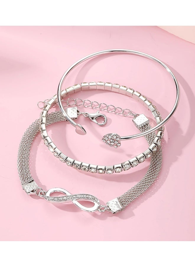3 Pcs Boho Crystal Bangle Bracelets Set Statement Infinity Friendship Bangles Punk Layered Stacking Heart Rhinestone Bracelets Ethnic Wedding Outfit Bracelets Jewelry for Women and Girls - Image 5