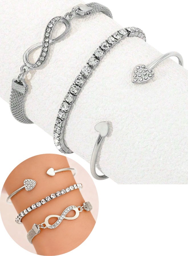 3 Pcs Boho Crystal Bangle Bracelets Set Statement Infinity Friendship Bangles Punk Layered Stacking Heart Rhinestone Bracelets Ethnic Wedding Outfit Bracelets Jewelry for Women and Girls - Image 1