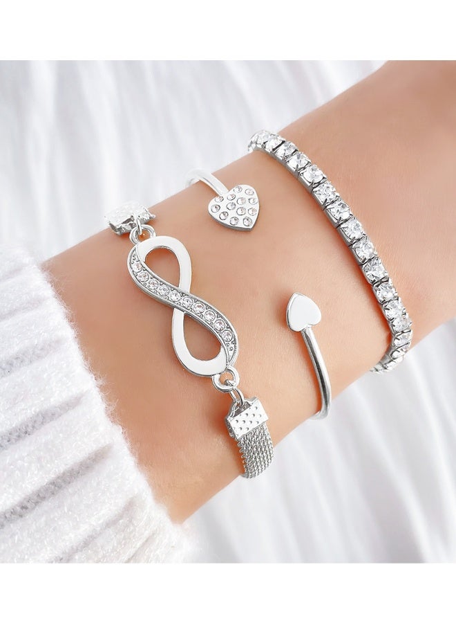 3 Pcs Boho Crystal Bangle Bracelets Set Statement Infinity Friendship Bangles Punk Layered Stacking Heart Rhinestone Bracelets Ethnic Wedding Outfit Bracelets Jewelry for Women and Girls - Image 4