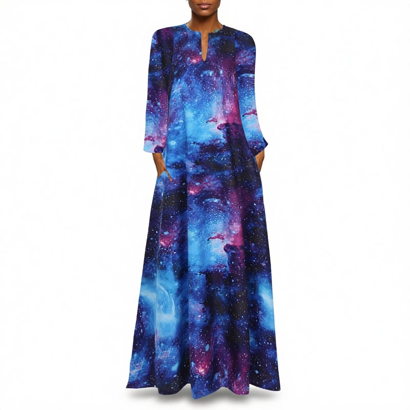 3D Starry Sky Print Long Sleeve Maxi Dress