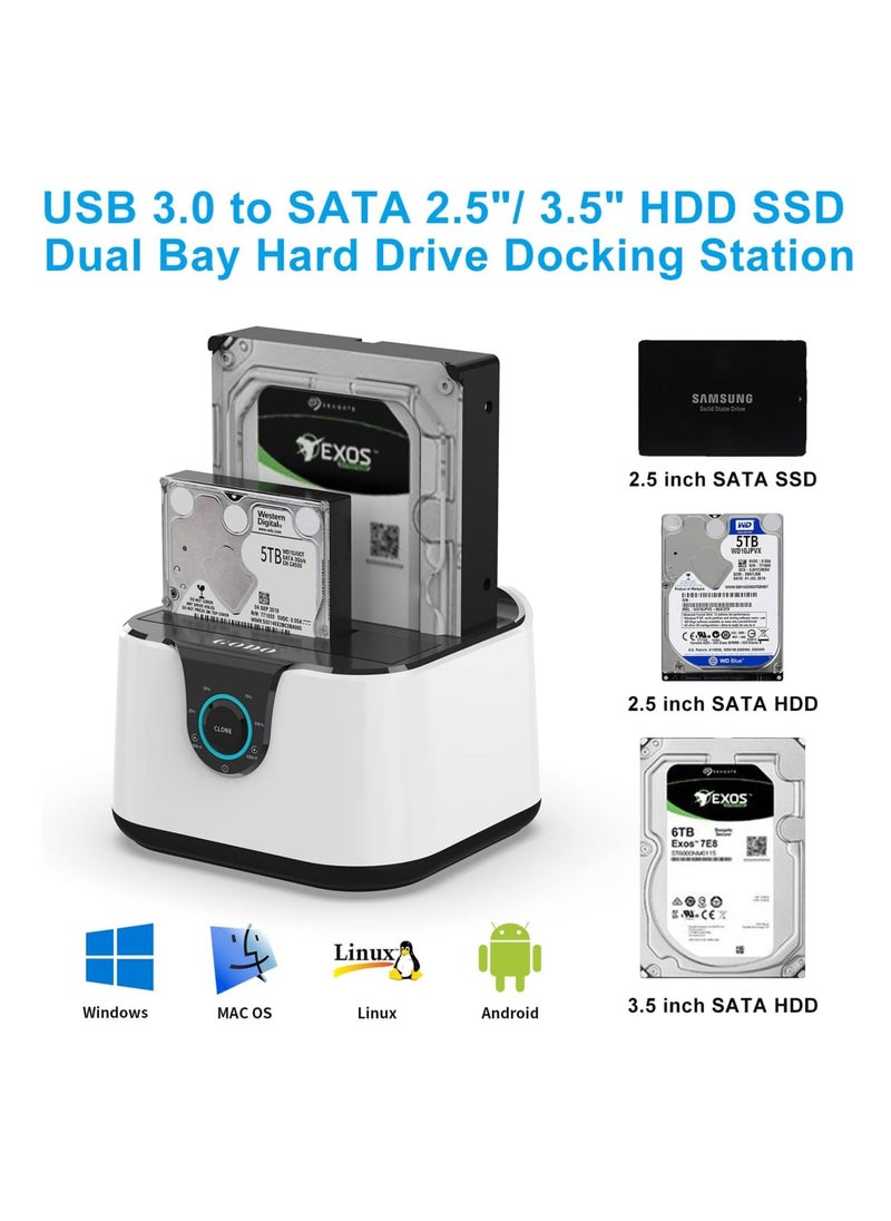 حافظة القرص الصلب، محطة إرساء خارجية مزدوجة Mini USB 3.0 إلى SATA III، محطة إرساء من الألمنيوم، لدعم أقراص HDD SSD بحجم 2.5/3.5 بوصة، تدعم النسخ الاحتياطي غير المتصل، قابلة للتوصيل الساخن، UASP - Image 2