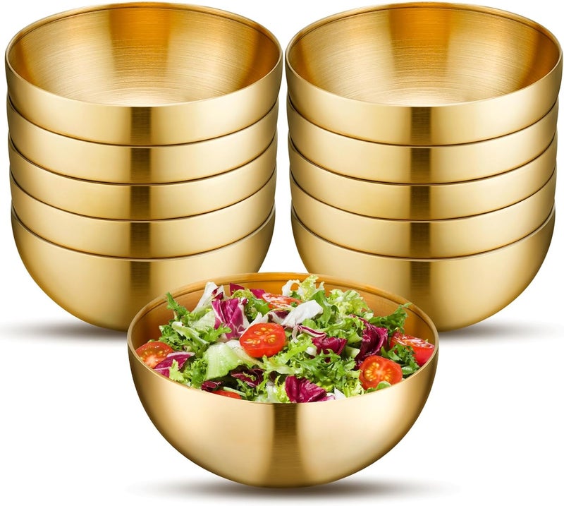 Loccmat 10 Pack Gold Mixing Bowls,Gold Stainless Steel Bowls,Metal Salad Bowl Food Serving Bowl for Fruit,Vegetable,Snacks,Rice,Cereal,Wedding,Party(5.9 Inch) - Image 1