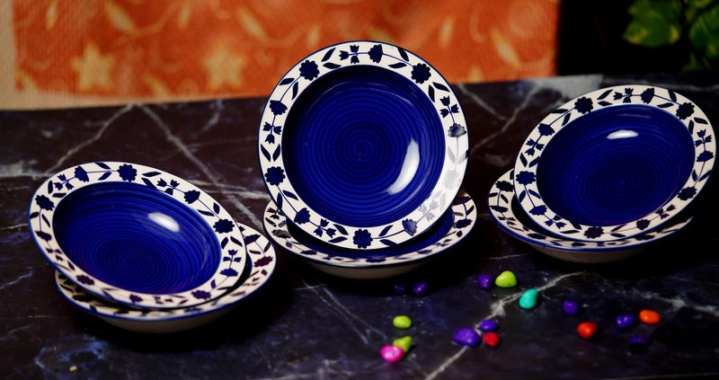 Yourowndcor Ceramic Umrao Hand-Painted Deep Pasta Plate | Soup Plate | Snack Plate | Microwave & Oven Safe Set of 6 Plates 7 inches - Image 1