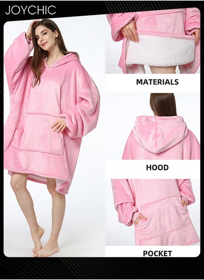 NIBEMINENT Solid Color Women Autumn and Winter Flannel Thickened Cold-proof Warm Hooded Pajamas Long-sleeved Comfortable Sleepwear with Front Pockets Pink One Size  - Image 3