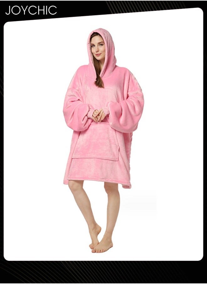 NIBEMINENT Solid Color Women Autumn and Winter Flannel Thickened Cold-proof Warm Hooded Pajamas Long-sleeved Comfortable Sleepwear with Front Pockets Pink One Size  - Image 2