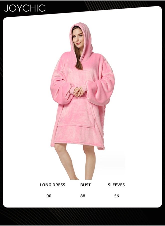 NIBEMINENT Solid Color Women Autumn and Winter Flannel Thickened Cold-proof Warm Hooded Pajamas Long-sleeved Comfortable Sleepwear with Front Pockets Pink One Size  - Image 5